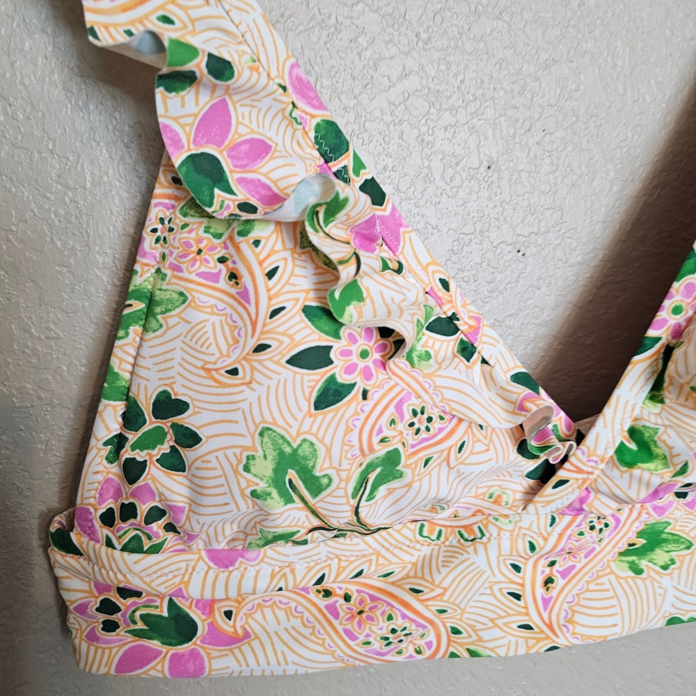 Aerie Triangle Bikini Top Large Floral Paisley Ruffle Pink Green - Picture 2 of 4